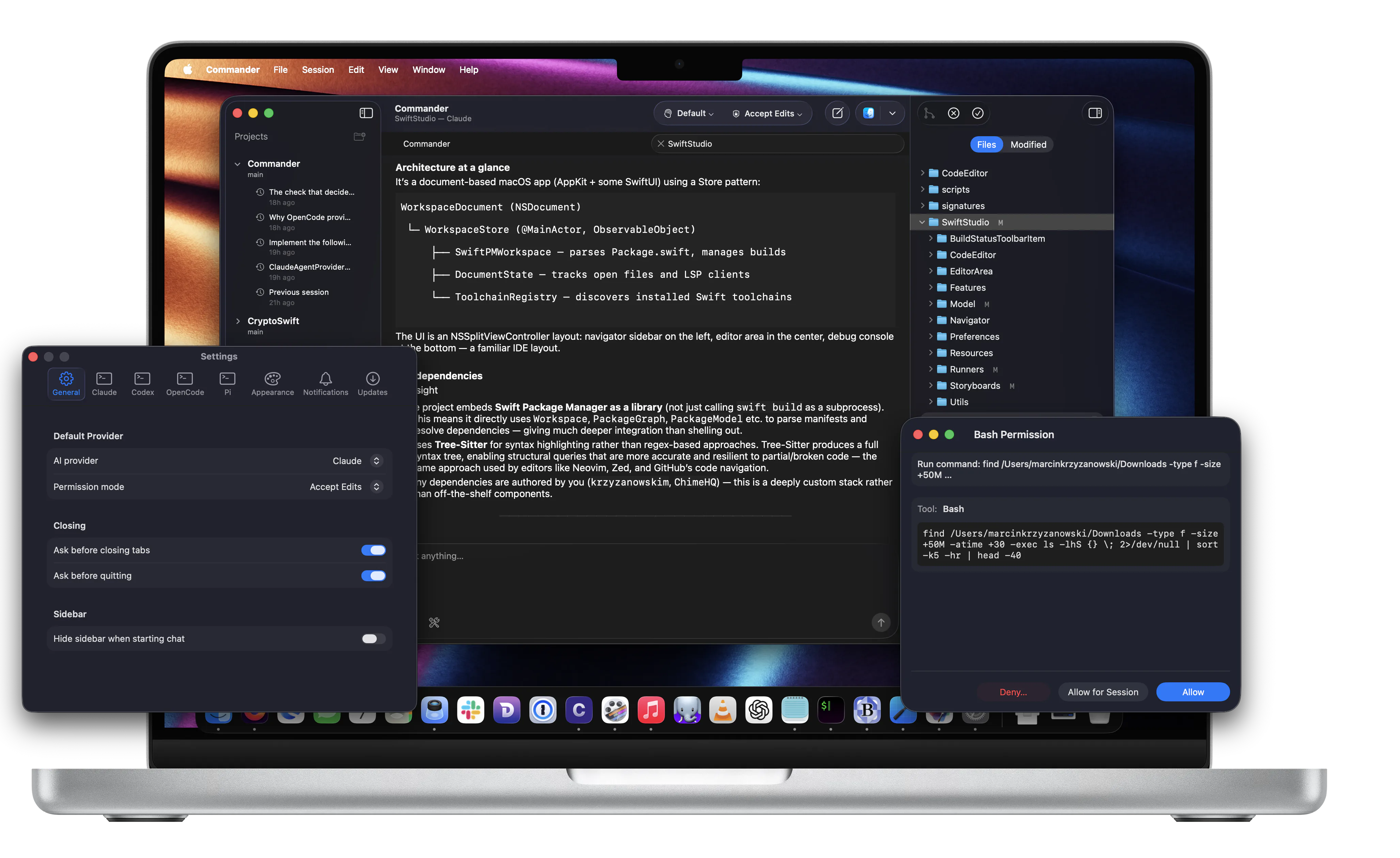 Commander interface showing AI‑powered code editing, git workflow, and native macOS design